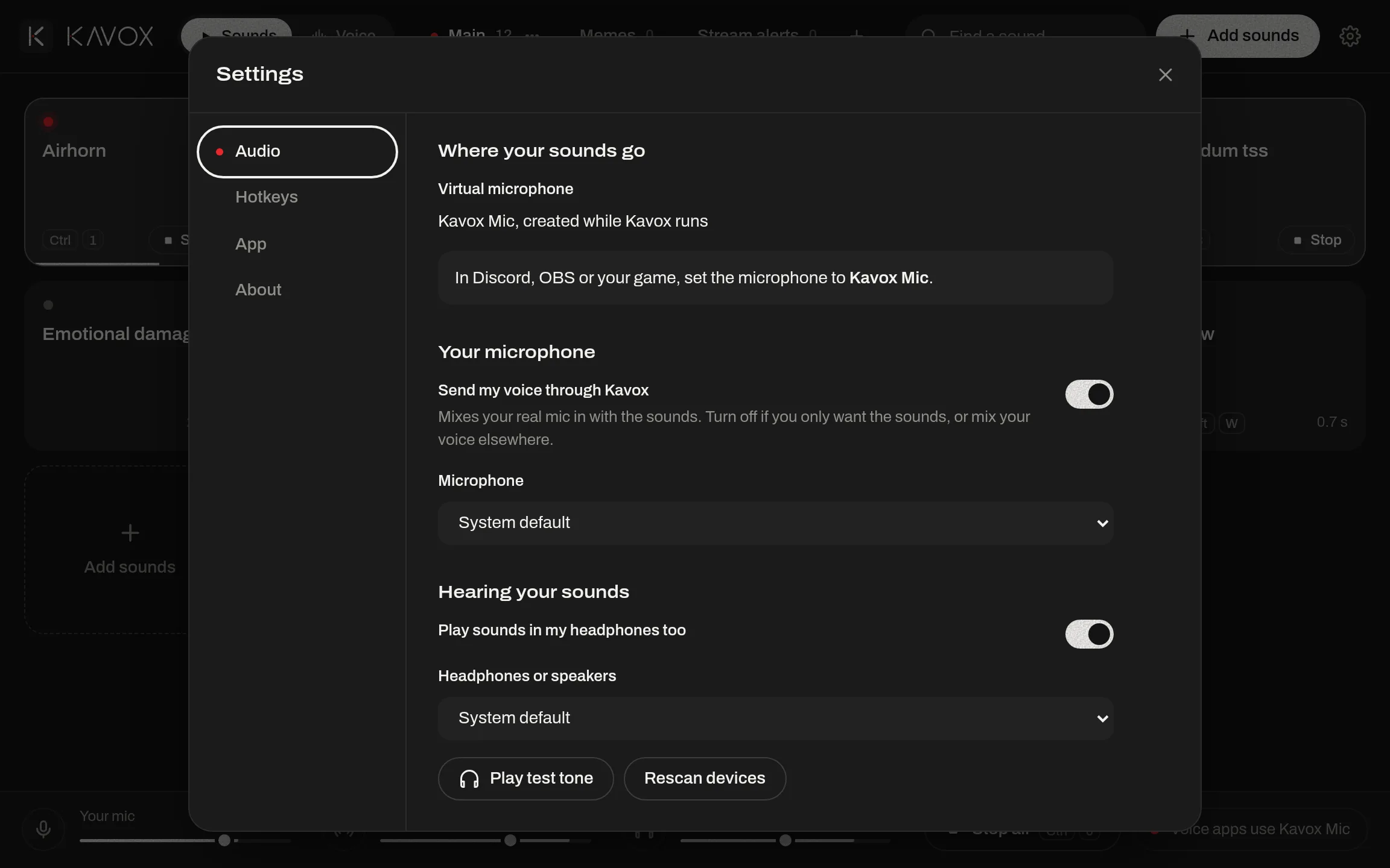 Audio settings: Kavox Mic as the virtual microphone, mic passthrough and headphone monitoring