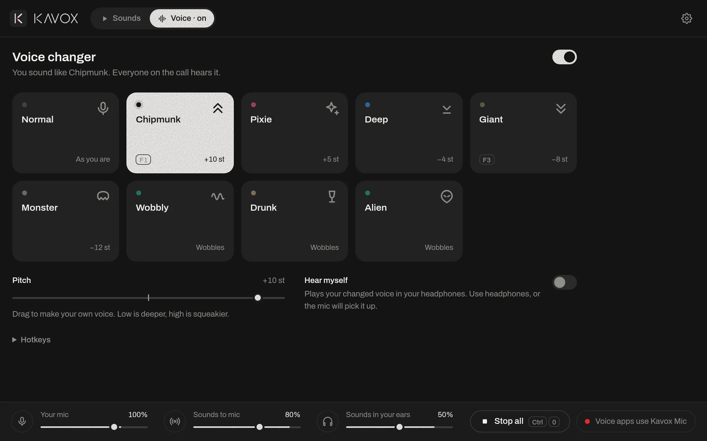 Voice changer with Chipmunk selected among the presets, a pitch dial and a hear-myself toggle