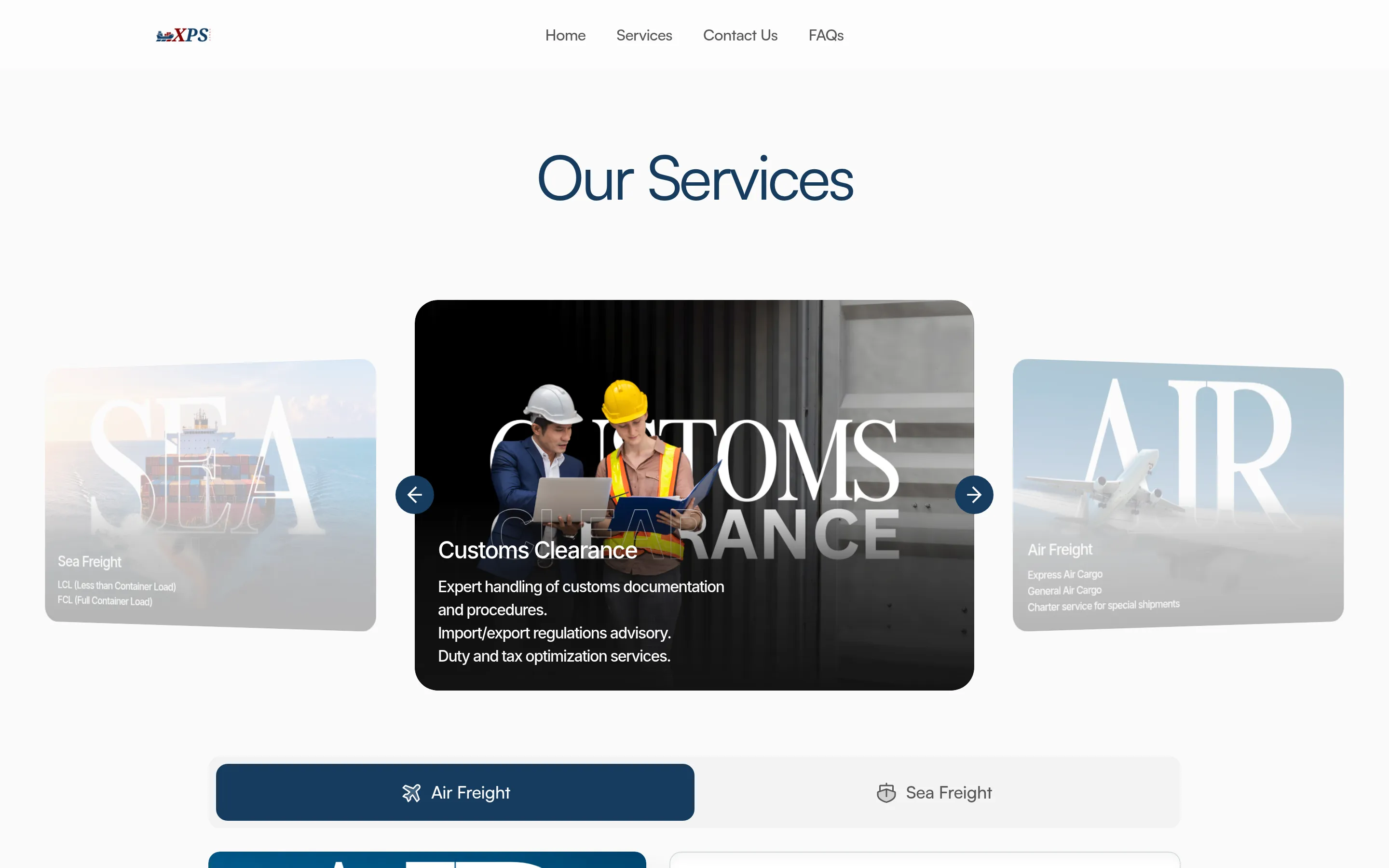 Services carousel with Customs Clearance in front of Sea and Air Freight cards